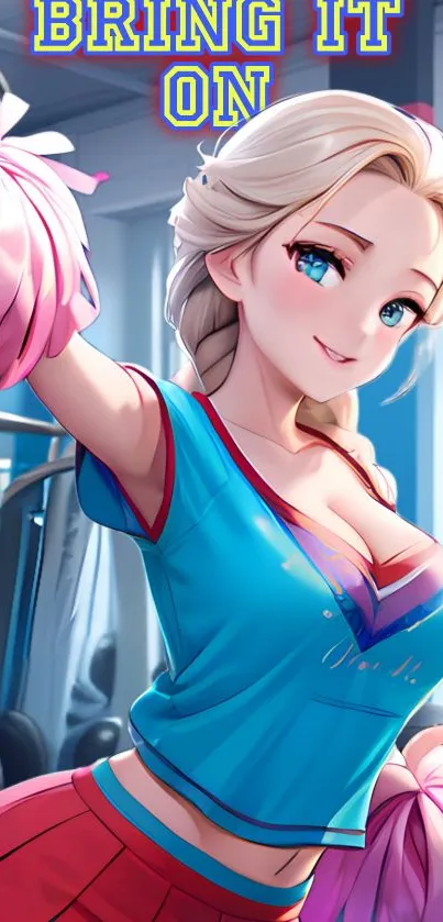 Anime cheerleader in gym setting with vibrant colors.