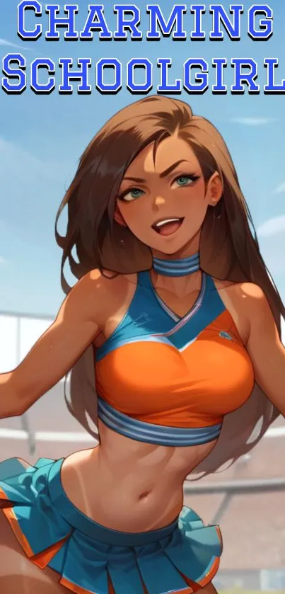 Anime cheerleader in vibrant colors with dynamic pose and brown hair.