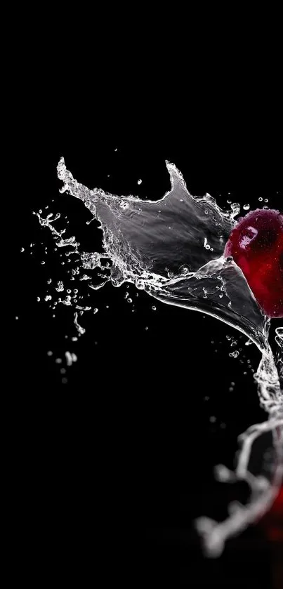 Cherries and water splash against a black background, dynamic and vibrant.