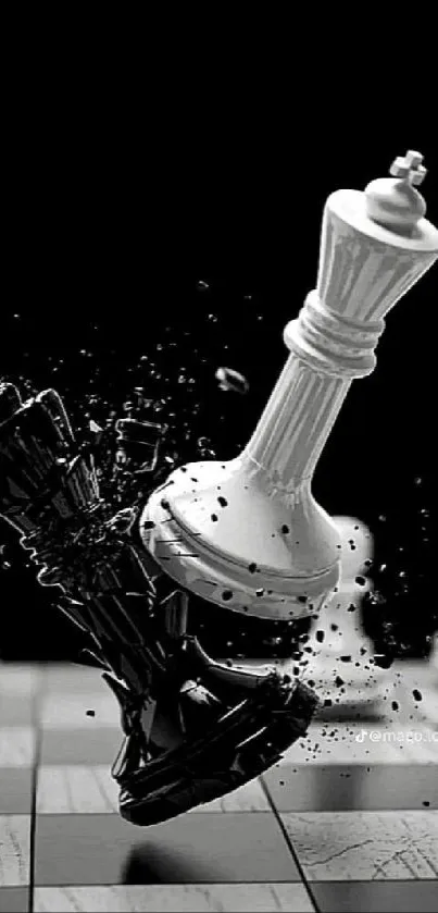 Black and white chess battle wallpaper for mobile.