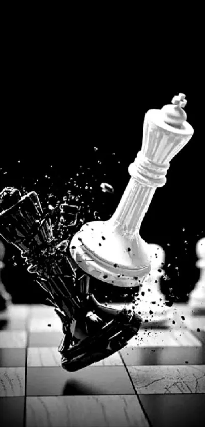 Dramatic chess battle wallpaper with high contrast black and white pieces.