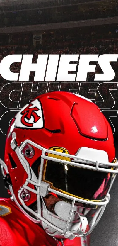 Chiefs football helmet against a stadium background.