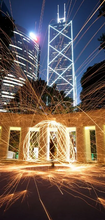 Urban night skyline with sparklers and skyscrapers in vibrant lights.