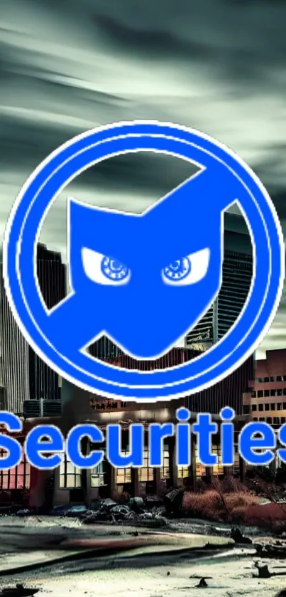 City skyline with blue security logo on mobile wallpaper.