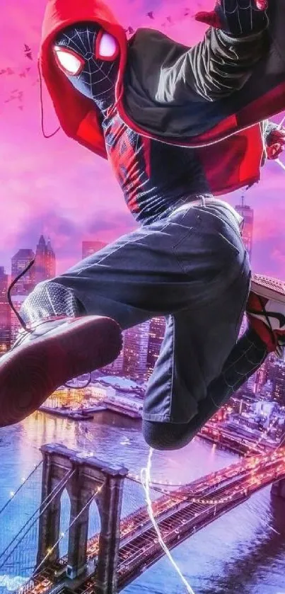 Superhero in action over vibrant city skyline, dynamic mobile wallpaper.