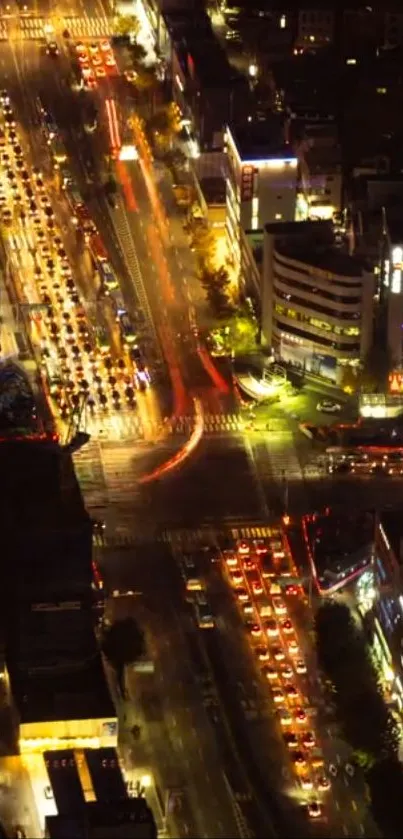 Dynamic cityscape with vibrant lights and traffic captured at night.