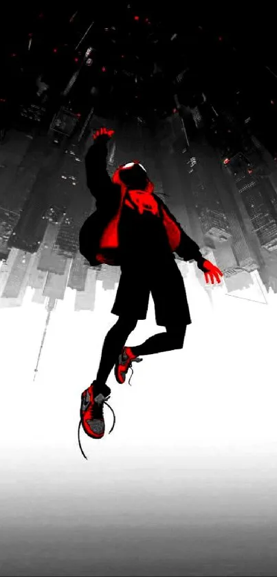 Silhouette of superhero jumping in cityscape art.