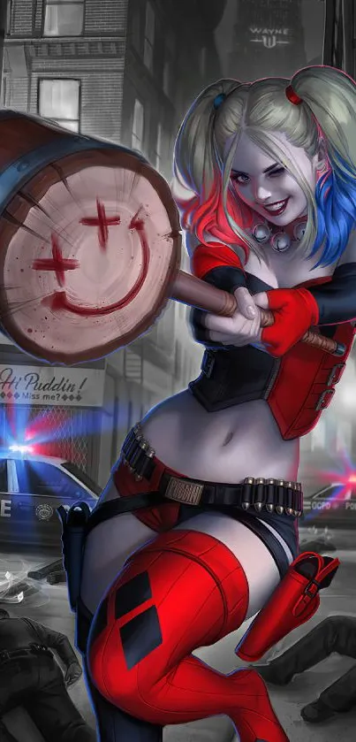 Colorful heroine in a cityscape with red and blue accents.