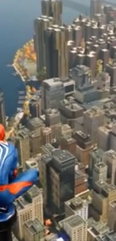 Superhero overlooking vibrant urban skyline from above.