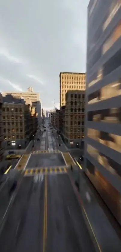 Blurred city street view with tall buildings and cloudy sky.