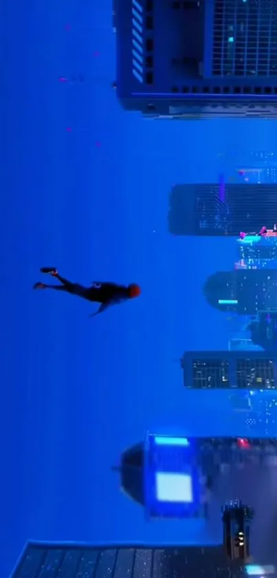 Dynamic cityscape with blue neon lighting and flying figure at night.