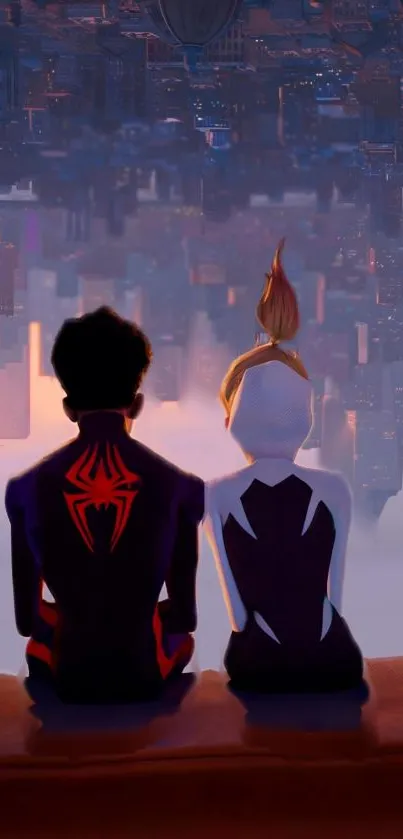 Two iconic silhouettes against a futuristic upside-down cityscape at dusk.