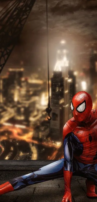 Spider-Man posed on rooftop with city lights.
