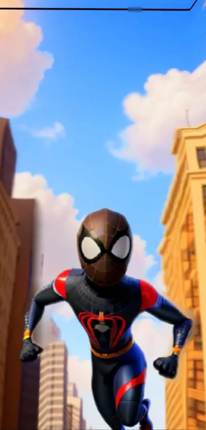 Superhero in a vibrant city scene with blue sky background.