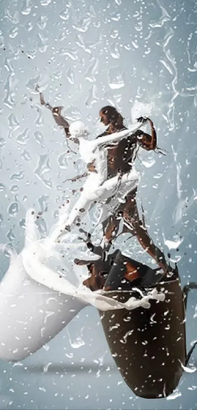 Artistic coffee and dance splash wallpaper with blue-gray background.