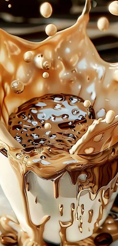 Artistic coffee splash with energetic motion in a cup.