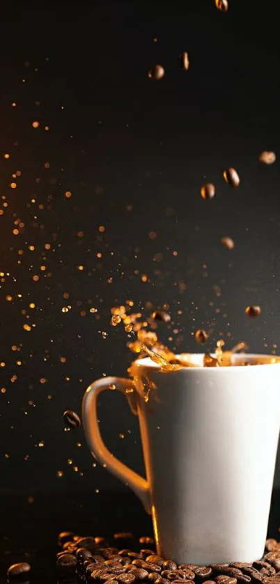 Cup with coffee splash and beans background.