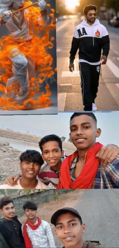 Dynamic collage with fiery art and portraits on mobile wallpaper.