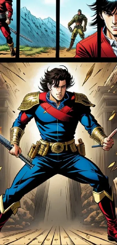 Dynamic scene with comic book hero in blue and gold costume.