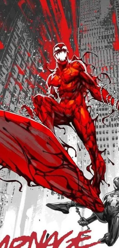 Energetic red comic book character in cityscape scene.