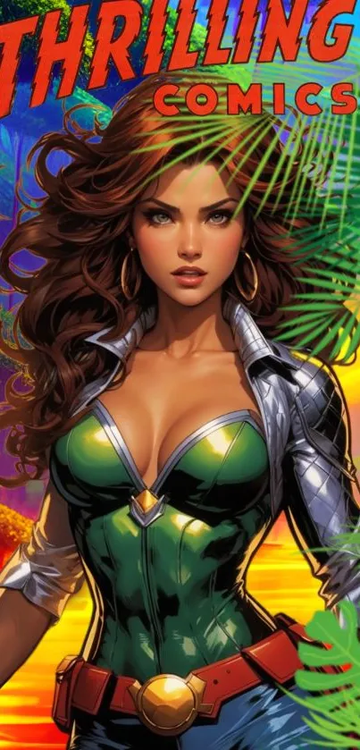 Vibrant comic book wallpaper with superhero woman in green costume.