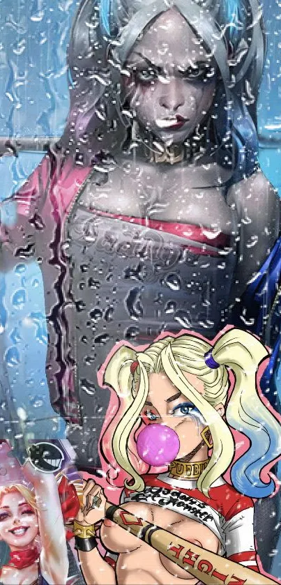 Comic character illustration with rain effect on phone wallpaper.