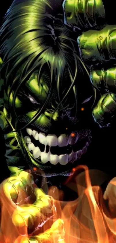 Comic character with green skin and flames on dark background.