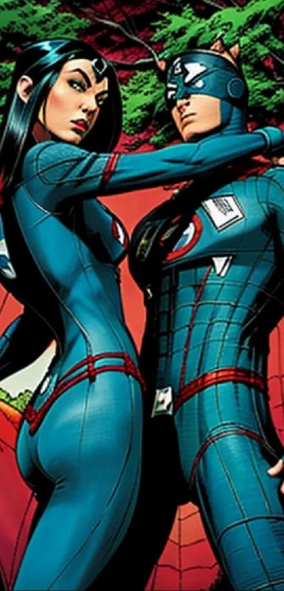 Comic-style superhero duo in teal suits against a forest backdrop.