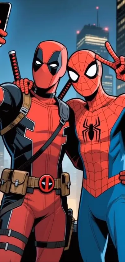 Superheroes in action pose against city skyline.