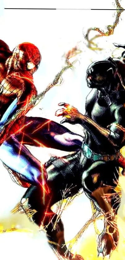 Comic book heroes clash in vibrant action artwork.