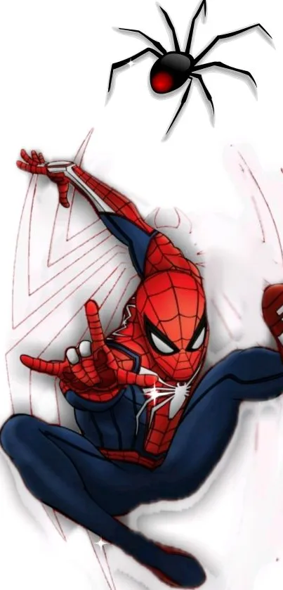 Animated superhero in red suit jumps dynamically with a stylized spider above.