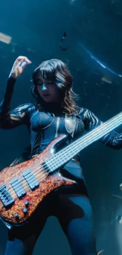 Bassist performing dynamically under vibrant stage lights