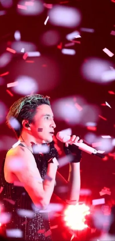 Energetic concert scene with vibrant confetti and red lighting.