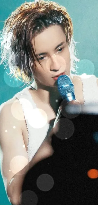 A dynamic performer singing passionately into a microphone on stage with blue lighting.