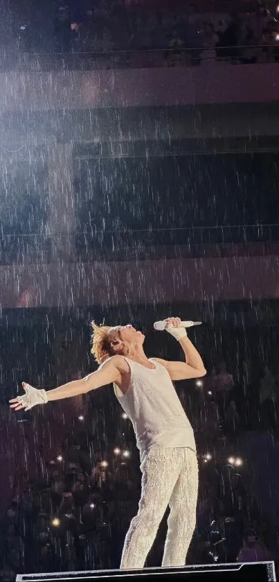 Singer performing energetically on a rain-drenched stage.