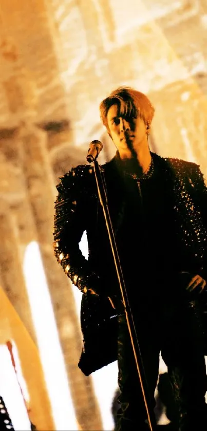 Spiked jacket figure on vibrant stage with orange lighting.