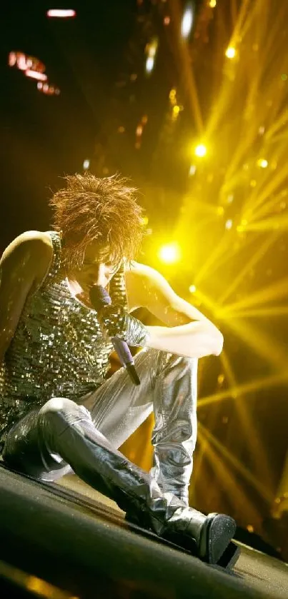 Energetic live concert with a dazzling stage and performer, bathed in golden lights.