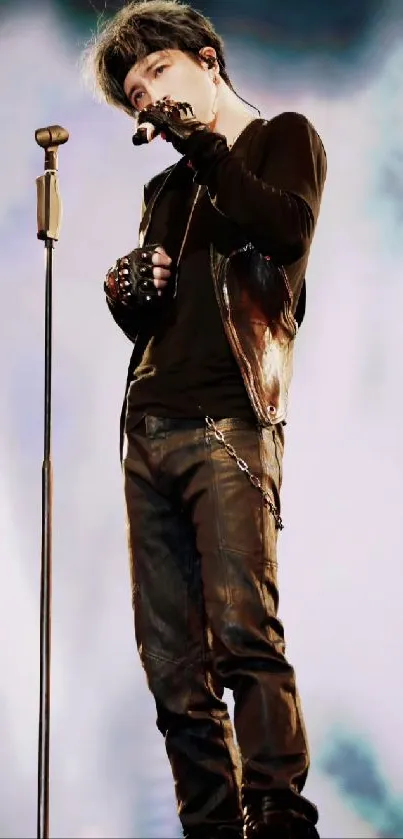 Performer on stage with a microphone, lively background creates an energetic scene.