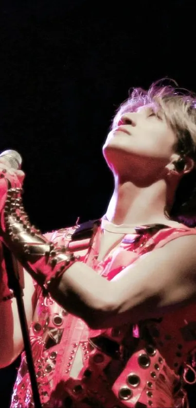 Energetic performer in vibrant red attire on a dark stage, capturing concert energy.