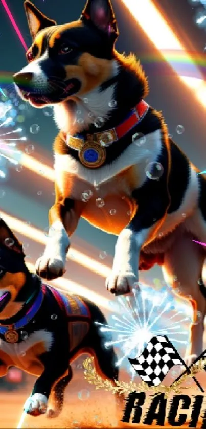 Corgis racing with fireworks and vibrant colors on a mobile wallpaper.