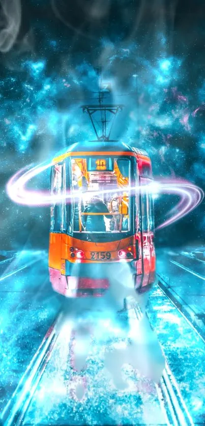 Dynamic tram surrounded by cosmic vibrant colors on wallpaper.