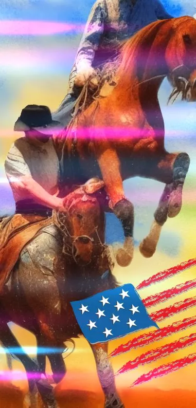 Cowboy riding horse against colorful sky.