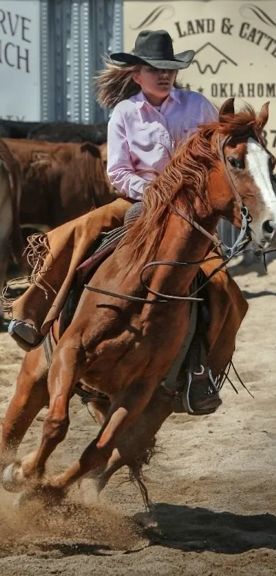 Cowboy riding a horse in a dynamic action scene with brown earth tones.