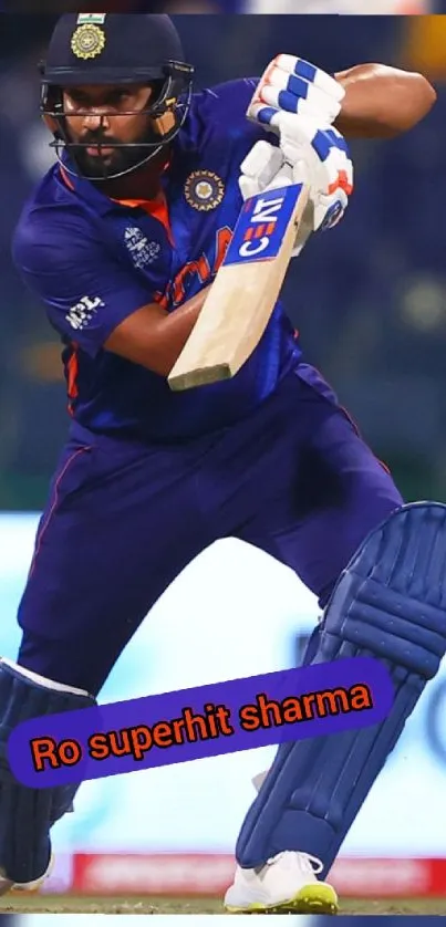 Cricket player in blue swinging bat on field.