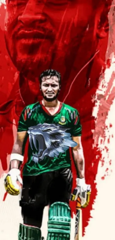 Cricket player art with red and green dynamic design background.