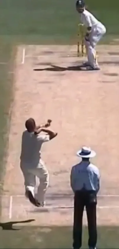 Cricket bowler delivers pitch against batsman.