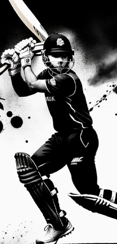 Monochrome cricket player artwork phone wallpaper.