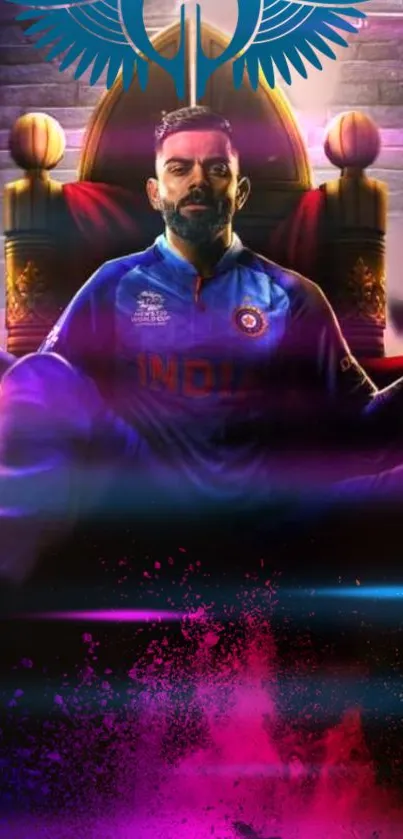 Cricket player in vibrant regal-themed wallpaper.