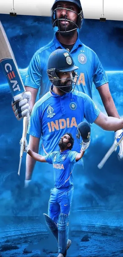 Cricketer in blue jersey celebrating on dynamic wallpaper.