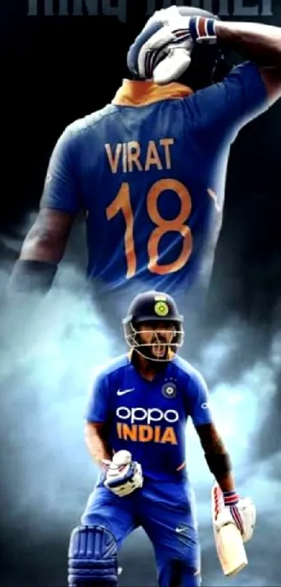 Cricket player in blue jersey, holding a bat on a dynamic wallpaper.